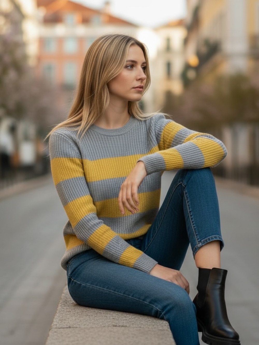 Banana Republic Gray and Mustard Striped Ribbed Crewneck Sweater